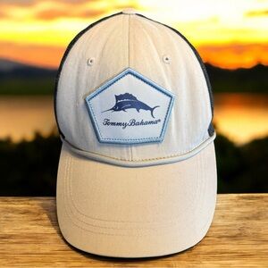 Tommy Bahama Marlin Logo Trucker Hat Beige Navy Mesh Snapback Island Life